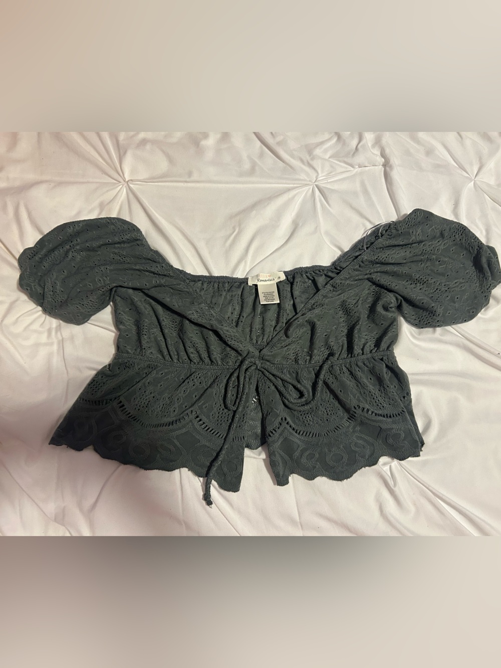 Eyelet Tie-Front Puff Sleeve Top - Grey/Green